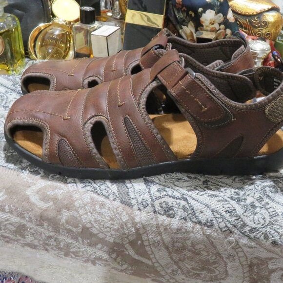 Nunn Bush Brown Leather Rio Grande Fisherman Toe Velcro closure Sandals Sz 13 M - Picture 1 of 15